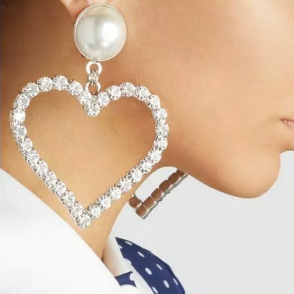 NEW $450 Alessandra Rich Heart Earrings Crystal Faux Pearl Oversize Clip-On